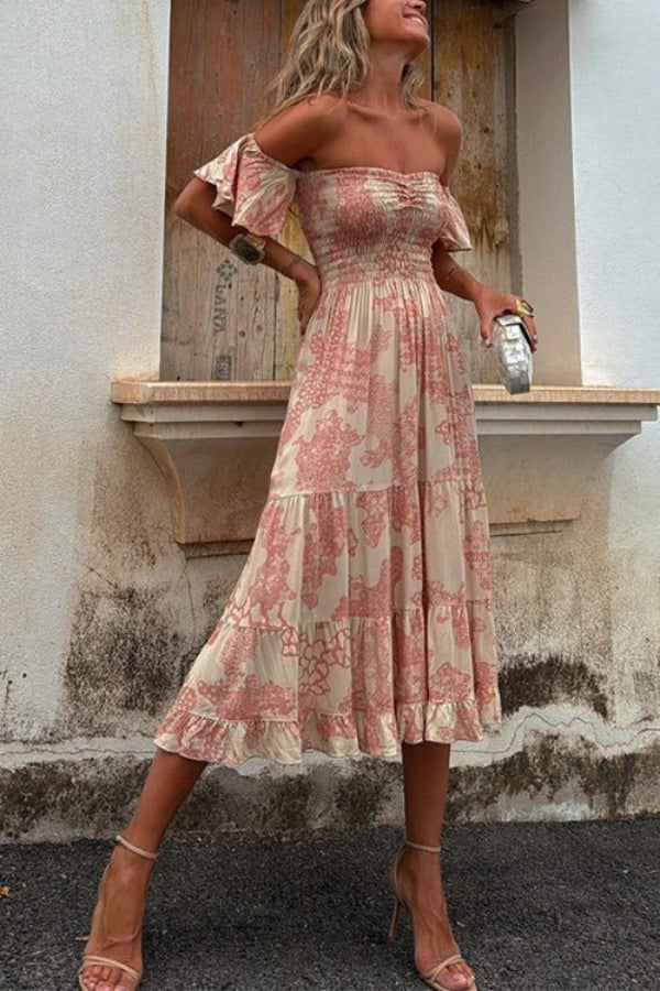 50% RABATT | Ruffelle™ | Off-Shoulder Print Midi Kleid mit Smok & Lagenlook