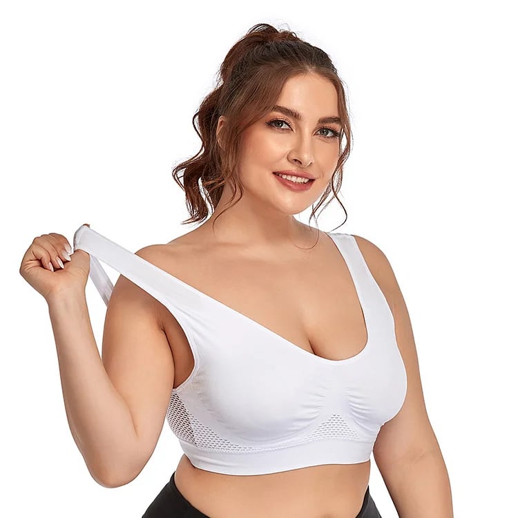Nahtloser Push Up BH ohne Bügel in Beige, bequemer Sport BH mit elastischem Saum, atmungsaktivem Netzdesign und breiten Schulterträgern für Damen