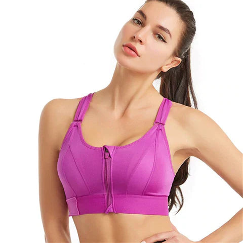 Sport BH Damen mit Reißverschluss vorne, gepolsterter High Impact Fitness BH in Pink, bequemer Trainings BH für Yoga, Laufen und Workout