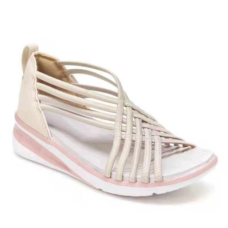 Bequeme schwarze Damensandalen mit elastischen Riemen und Keilabsatz – modische Sommerschuhe für Alltag und Freizeit