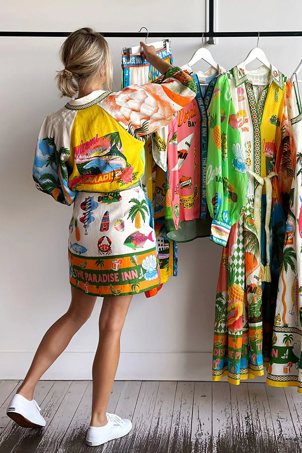 SirenaPop™ | Sommer Leinenkleid mit Gürtel & Print