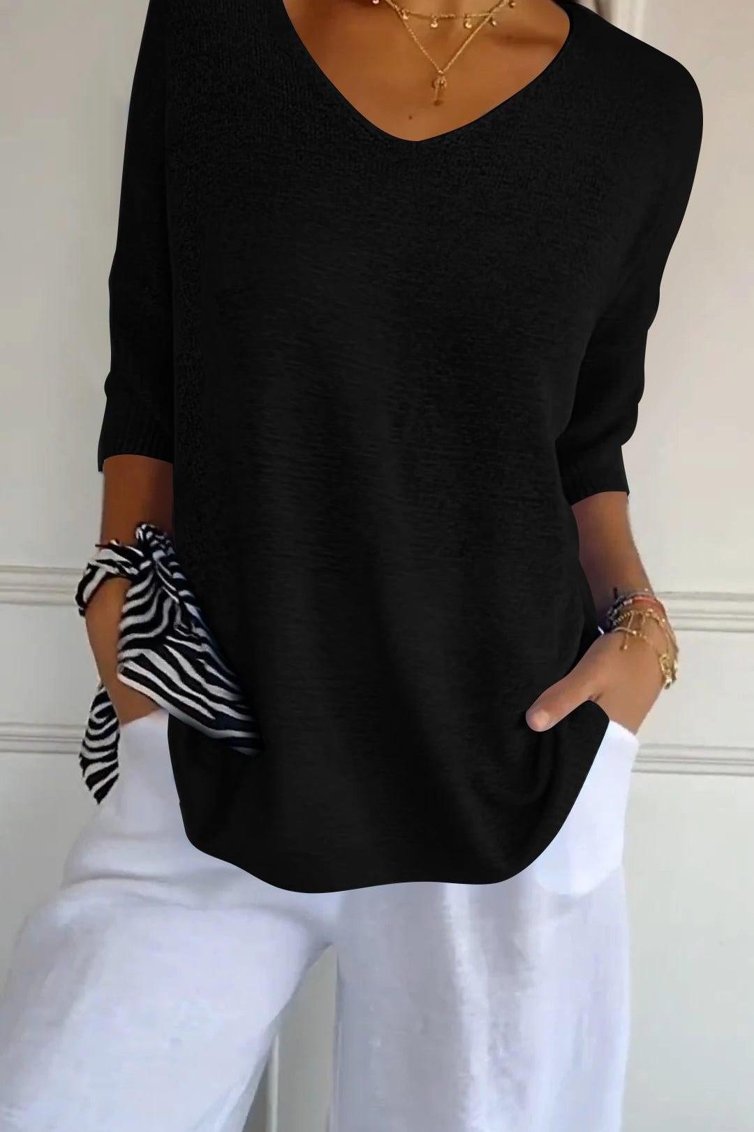 KnitMuse™ | Unifarbenes gestricktes Top mit V-Ausschnitt