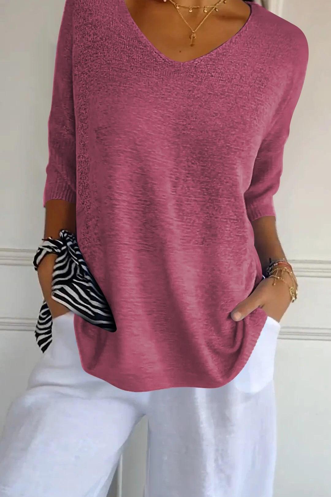 KnitMuse™ | Unifarbenes gestricktes Top mit V-Ausschnitt