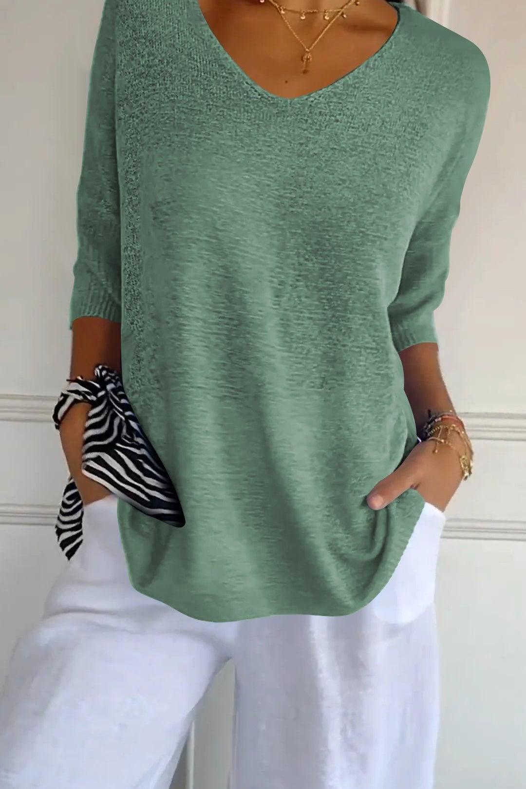 KnitMuse™ | Unifarbenes gestricktes Top mit V-Ausschnitt