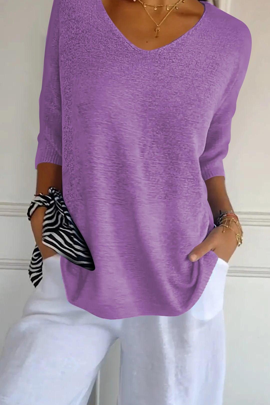KnitMuse™ | Unifarbenes gestricktes Top mit V-Ausschnitt