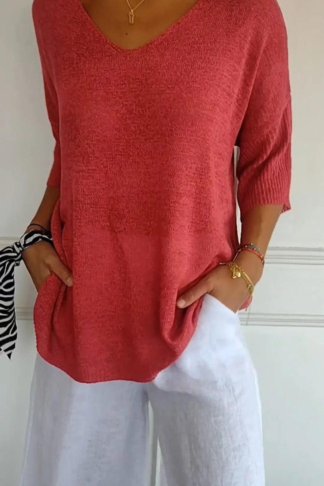 50% RABATT | KnitMuse™ | Unifarbenes gestricktes Top mit V-Ausschnitt