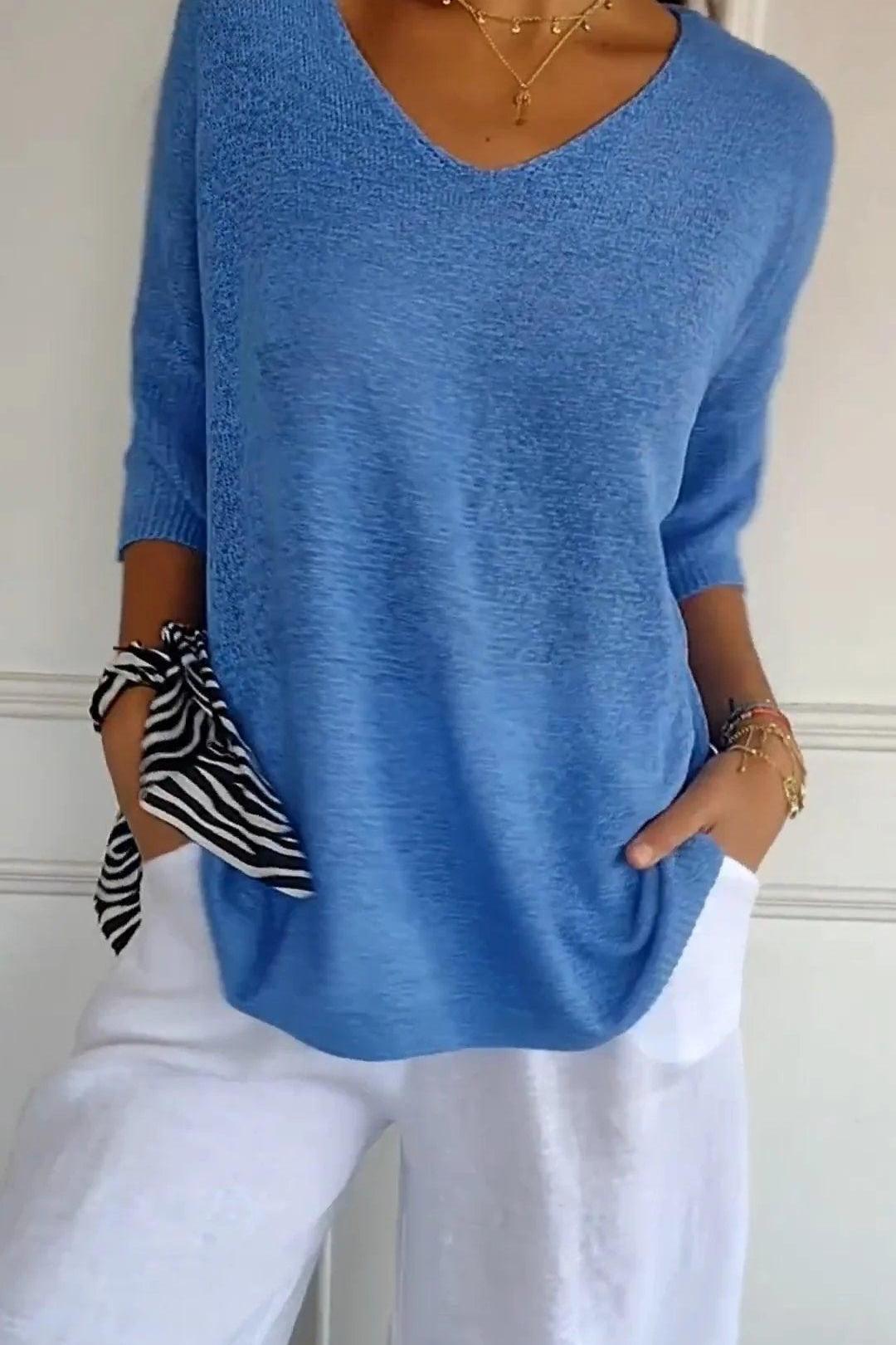 KnitMuse™ | Unifarbenes gestricktes Top mit V-Ausschnitt