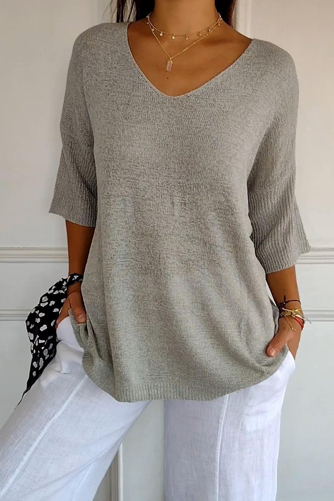 KnitMuse™ | Unifarbenes gestricktes Top mit V-Ausschnitt