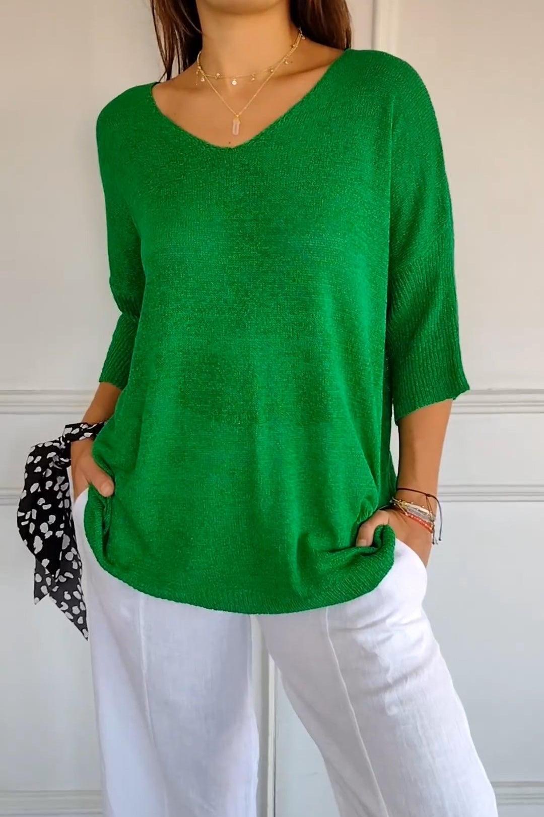 50% RABATT | KnitMuse™ | Unifarbenes gestricktes Top mit V-Ausschnitt