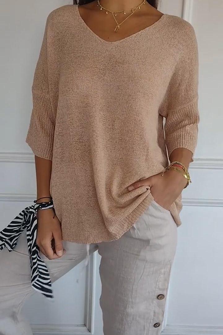 50% RABATT | KnitMuse™ | Unifarbenes gestricktes Top mit V-Ausschnitt