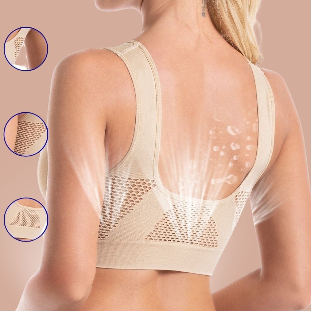 Beiger atmungsaktiver Sport-BH mit Mesh-Rücken für Damen, schweißableitend und bequem