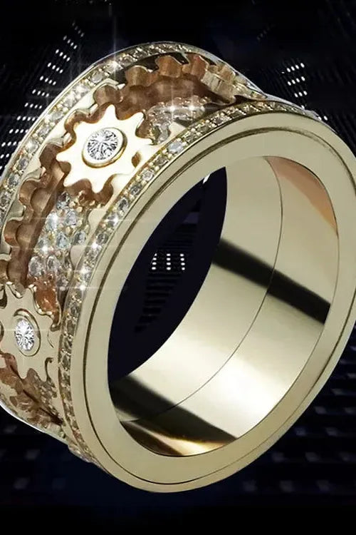 Diamond Crystal Gear Ring für Herren, stylischer Edelstahl Ring mit Kristallsteinen, Hip Hop Schmuck in Silber und Gold
