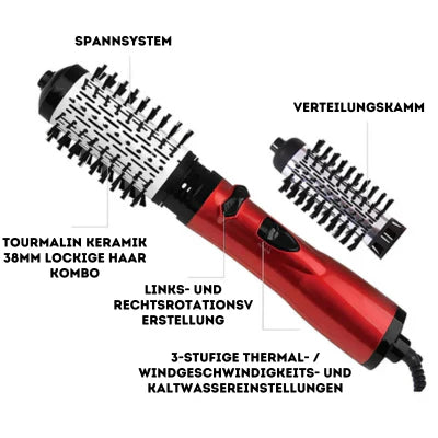 Elektrische rotierende Warmluftbürste in Rot mit austauschbarem Aufsatz – Stylinggerät für voluminöse Locken und glattes Haar