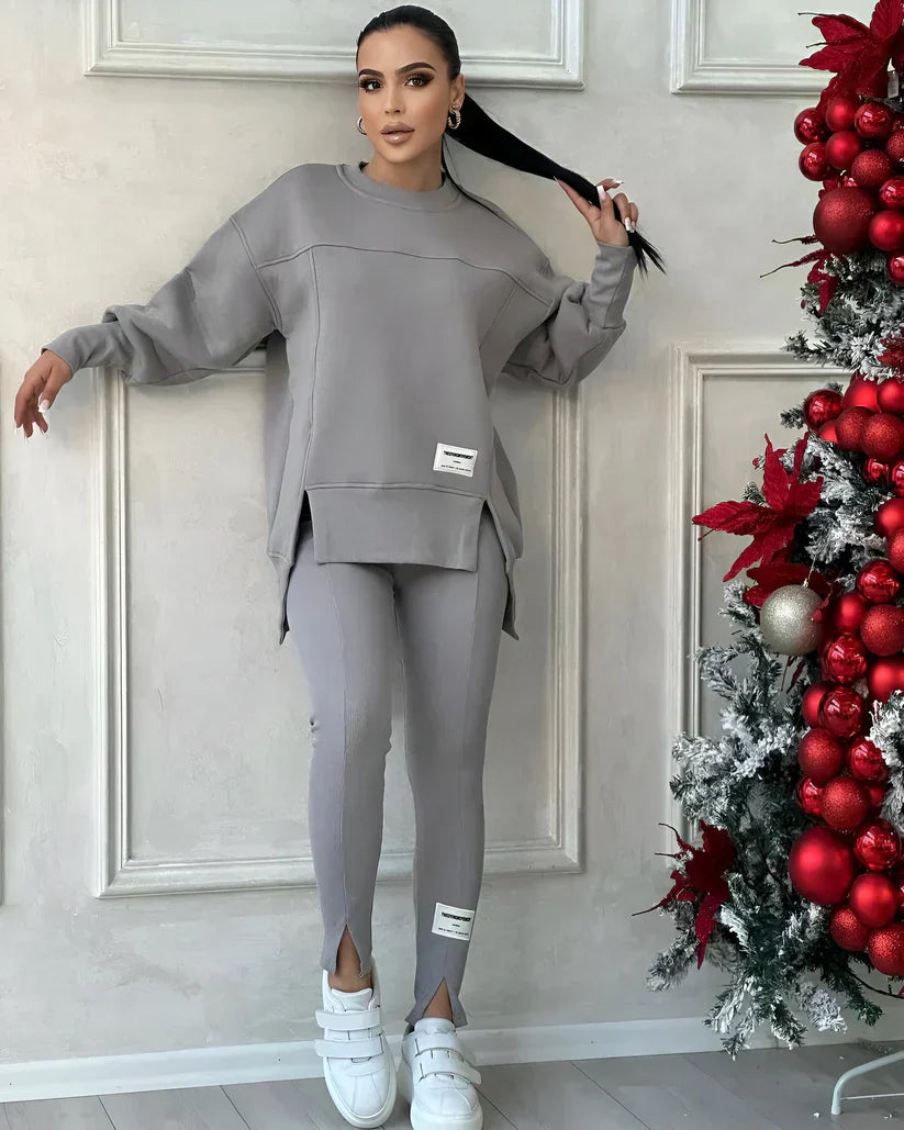 Damen Jogginganzug in Beige, zweiteiliges Set mit Oversize Sweatshirt und Leggings, bequeme Freizeitkleidung für Sport und Alltag