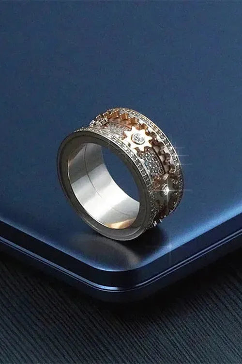 Diamond Crystal Gear Ring für Herren, stylischer Edelstahl Ring mit Kristallsteinen, Hip Hop Schmuck in Silber und Gold
