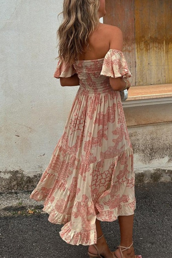 50% RABATT | Ruffelle™ | Off-Shoulder Print Midi Kleid mit Smok & Lagenlook