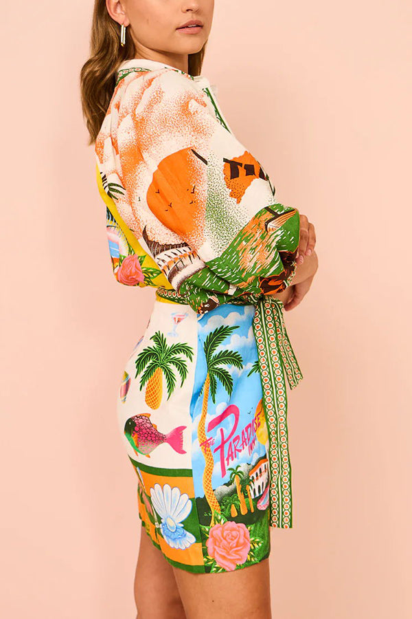 SirenaPop™ | Sommer Leinenkleid mit Gürtel & Print