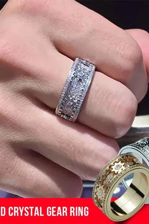 Diamond Crystal Gear Ring für Herren, stylischer Edelstahl Ring mit Kristallsteinen, Hip Hop Schmuck in Silber und Gold