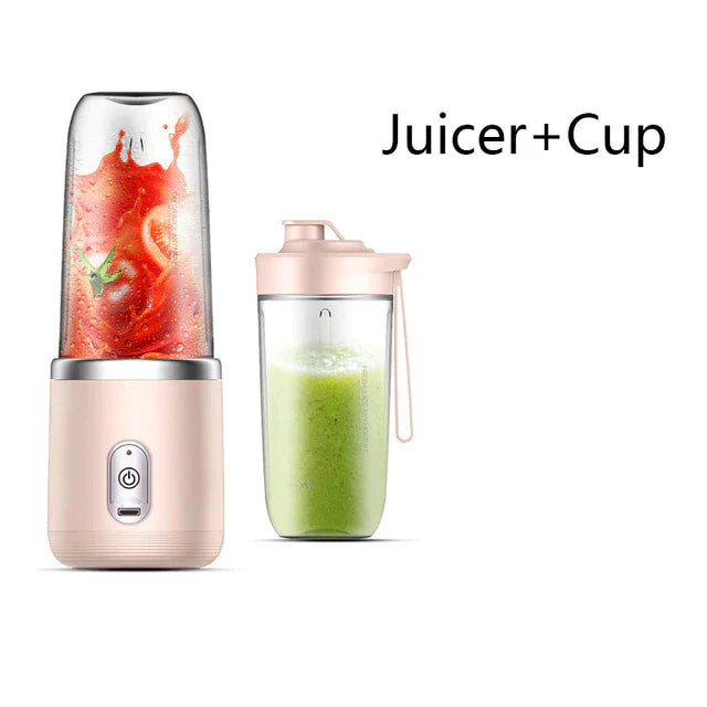Elektrischer Smoothie-Mixer mit tragbarem Trinkbecher, gefüllt mit frischem Orangensaft, auf dunklem Hintergrund