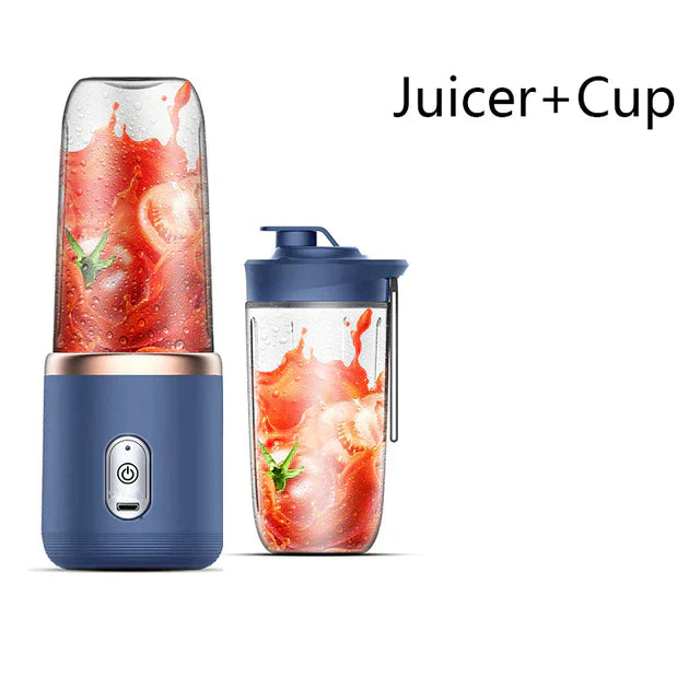 Elektrischer Smoothie-Mixer mit tragbarem Trinkbecher, gefüllt mit frischem Orangensaft, auf dunklem Hintergrund