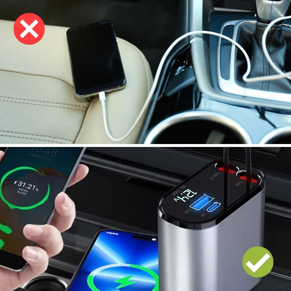 FlexCharge™ - Lade alle deine USB- und Lightning-kompatiblen Geräte während der Fahrt auf