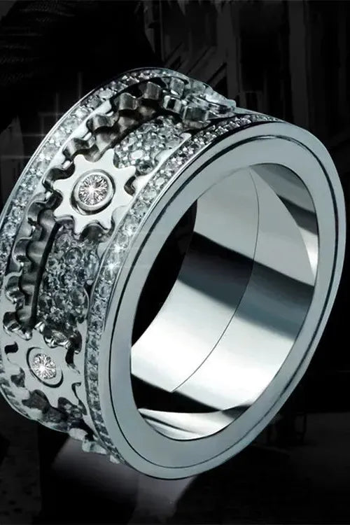 Diamond Crystal Gear Ring für Herren, stylischer Edelstahl Ring mit Kristallsteinen, Hip Hop Schmuck in Silber und Gold