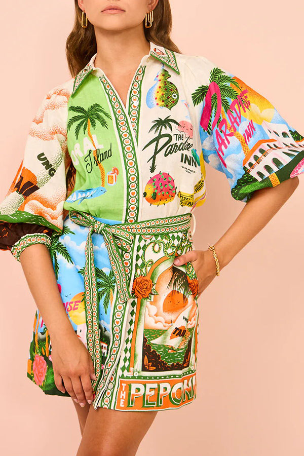SirenaPop™ | Sommer Leinenkleid mit Gürtel & Print