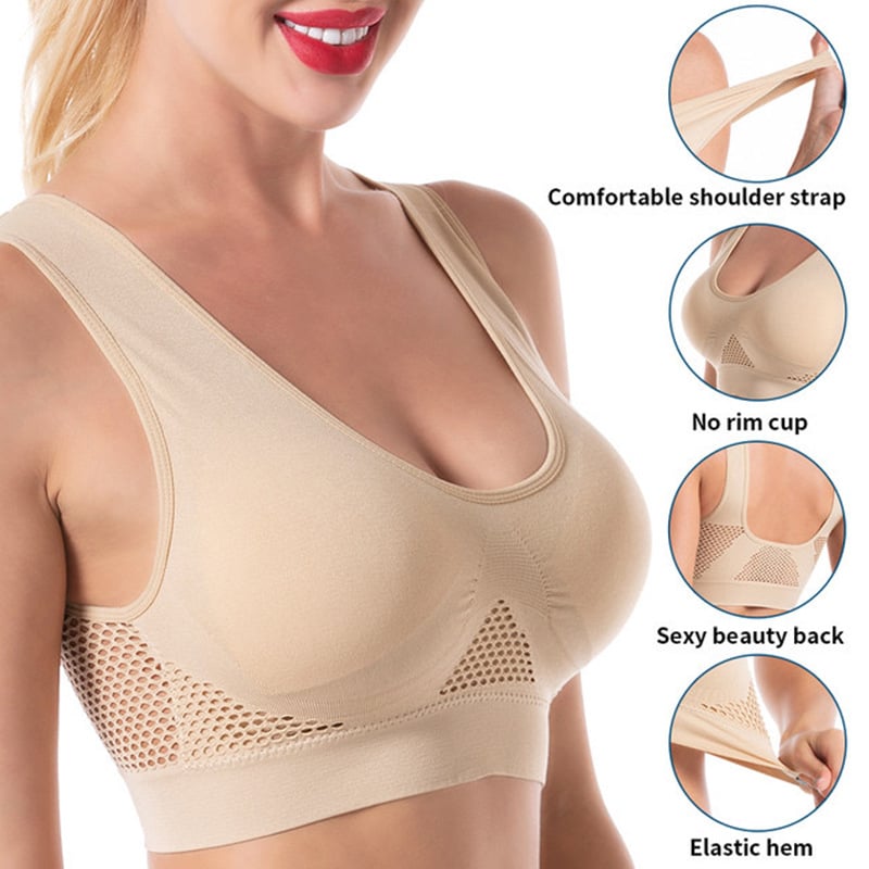 Nahtloser Push Up BH ohne Bügel in Beige, bequemer Sport BH mit elastischem Saum, atmungsaktivem Netzdesign und breiten Schulterträgern für Damen