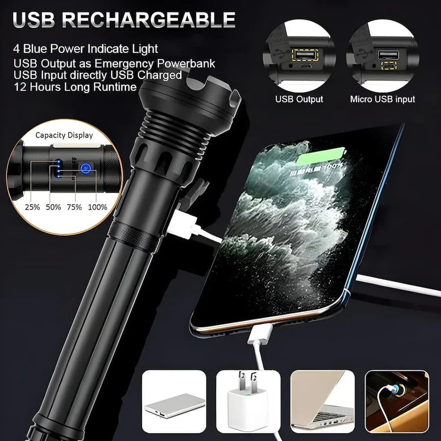 Ultrahelle LED Taschenlampe wiederaufladbar mit 4 Core Chips, wasserdichte taktische Taschenlampe für Outdoor, Camping, Wandern und Notfälle