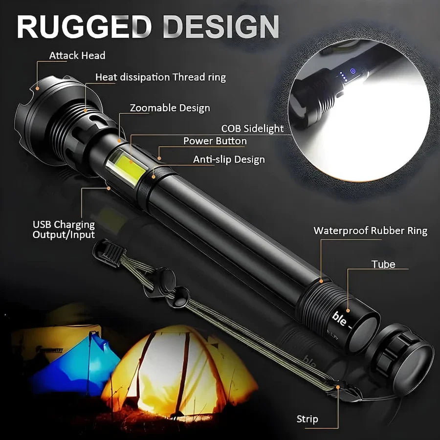 Ultrahelle LED Taschenlampe wiederaufladbar mit 4 Core Chips, wasserdichte taktische Taschenlampe für Outdoor, Camping, Wandern und Notfälle