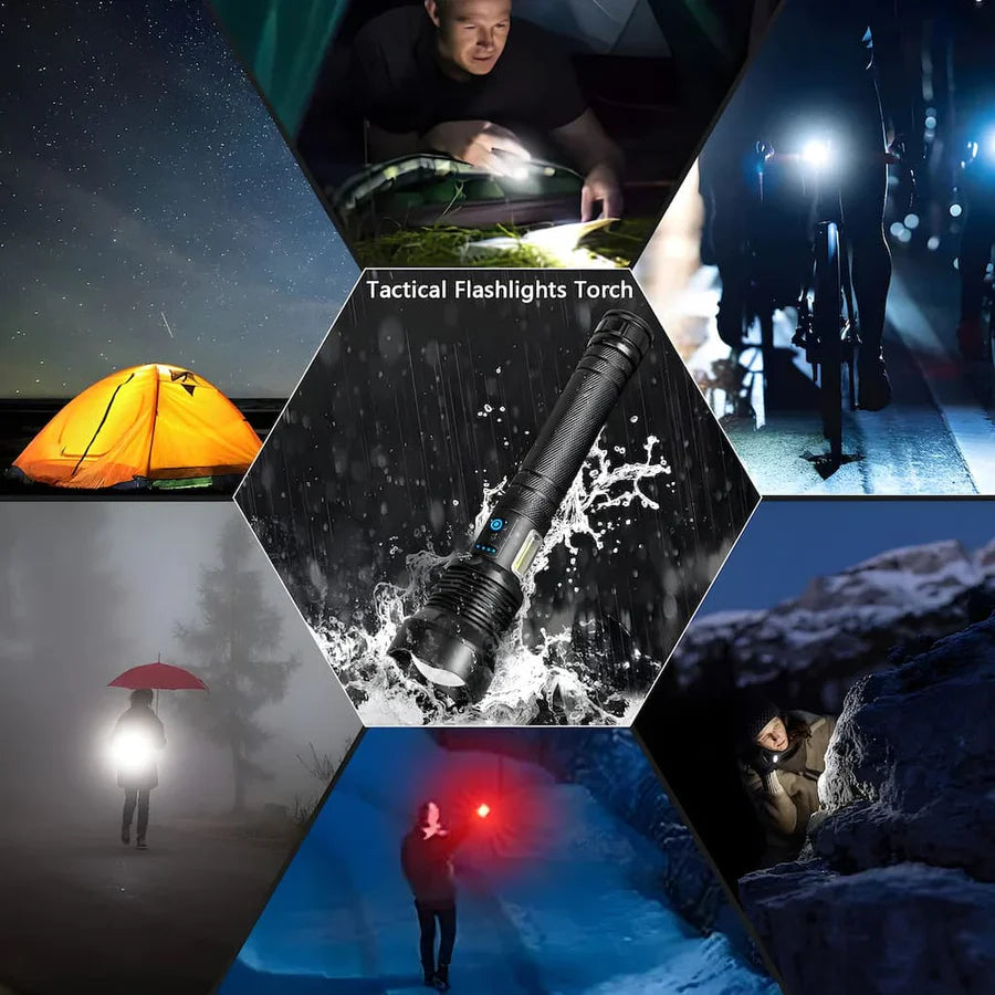 Ultrahelle LED Taschenlampe wiederaufladbar mit 4 Core Chips, wasserdichte taktische Taschenlampe für Outdoor, Camping, Wandern und Notfälle