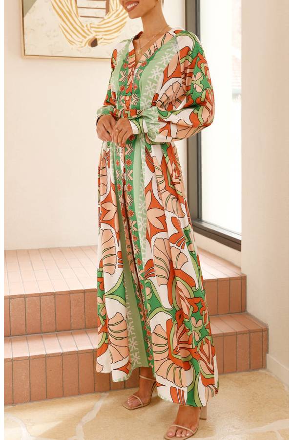 Solmira™ | Herbst Maxi Kleid Orange/Grün