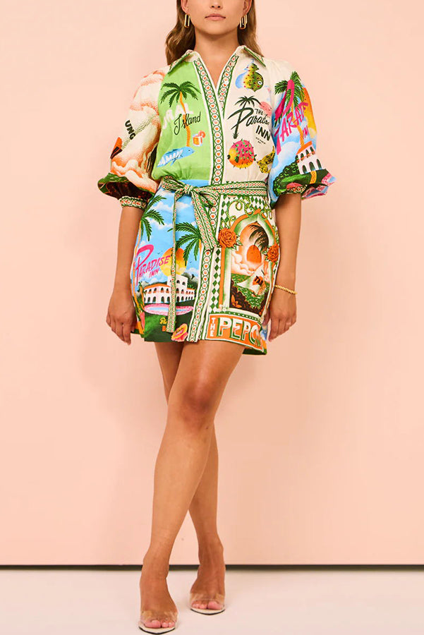 SirenaPop™ | Sommer Leinenkleid mit Gürtel & Print