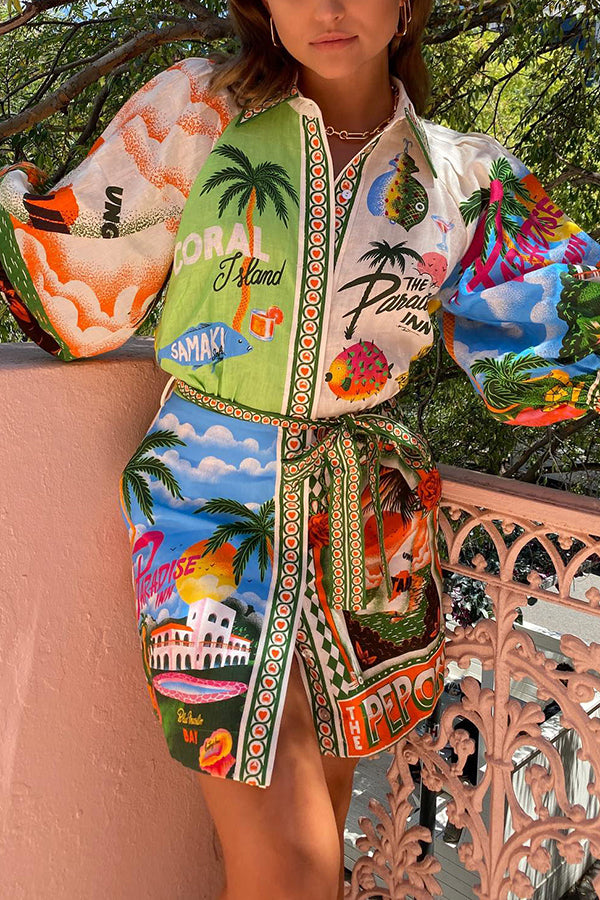 SirenaPop™ | Sommer Leinenkleid mit Gürtel & Print