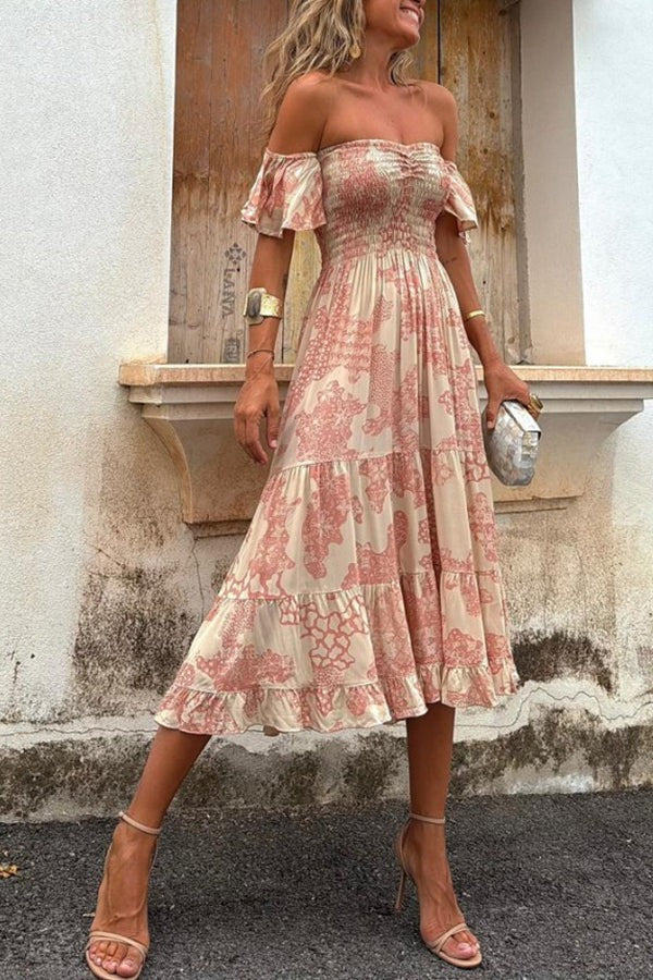 50% RABATT | Ruffelle™ | Off-Shoulder Print Midi Kleid mit Smok & Lagenlook