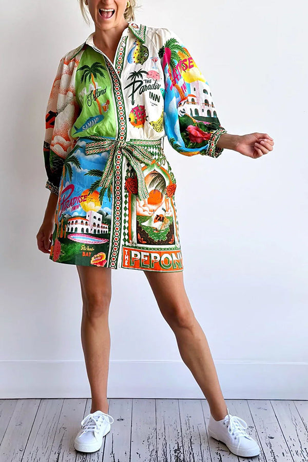 SirenaPop™ | Sommer Leinenkleid mit Gürtel & Print