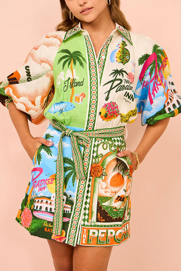 SirenaPop™ | Sommer Leinenkleid mit Gürtel & Print