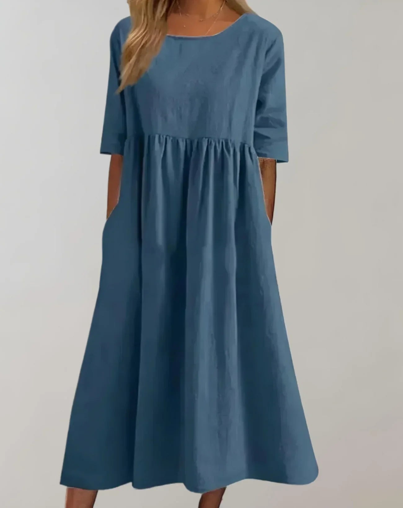 Sommerkleid Damen weiß, lockeres Midikleid mit halblangen Ärmeln und Seitentaschen, elegantes A-Linien Kleid für Freizeit und Urlaub