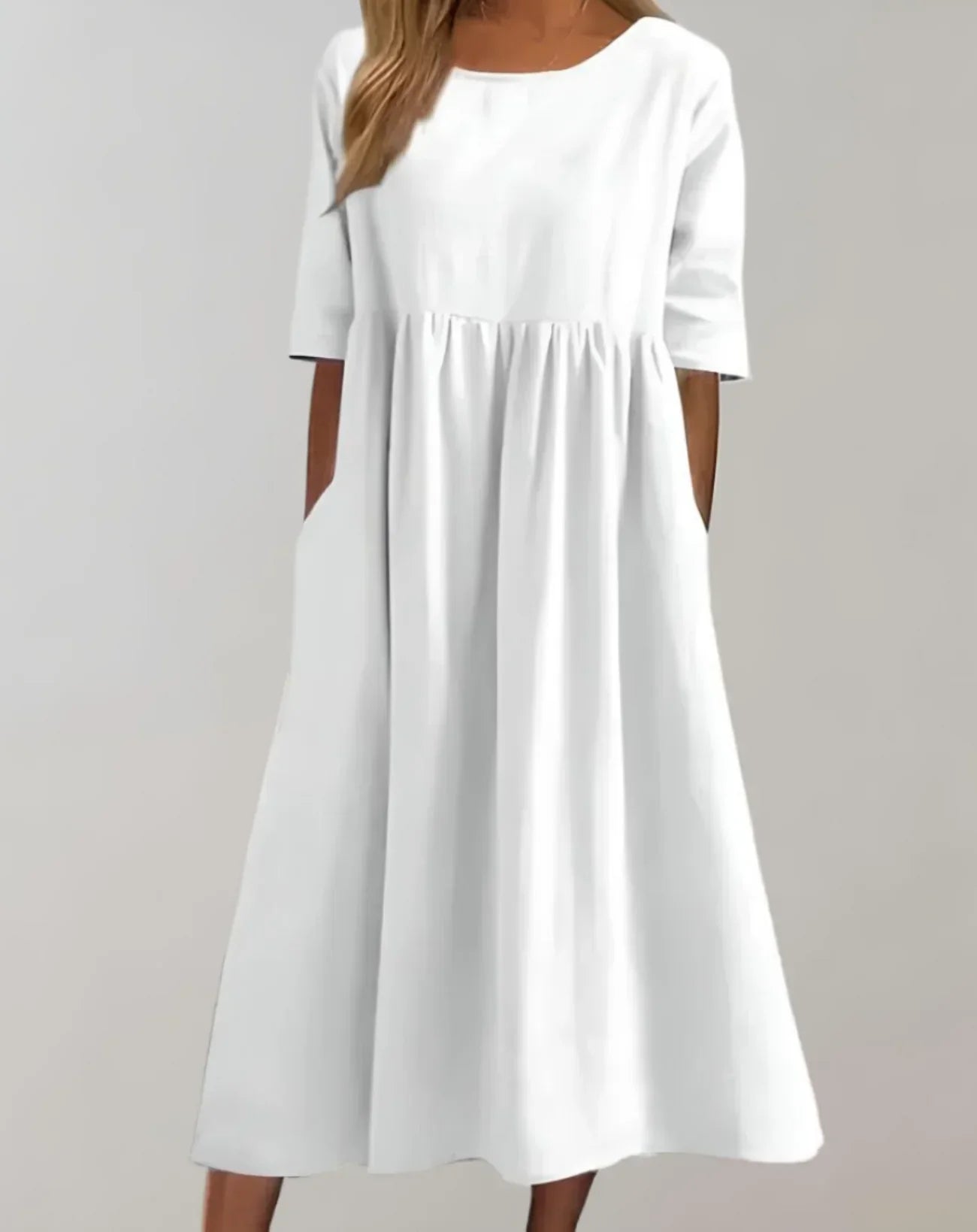 Sommerkleid Damen weiß, lockeres Midikleid mit halblangen Ärmeln und Seitentaschen, elegantes A-Linien Kleid für Freizeit und Urlaub