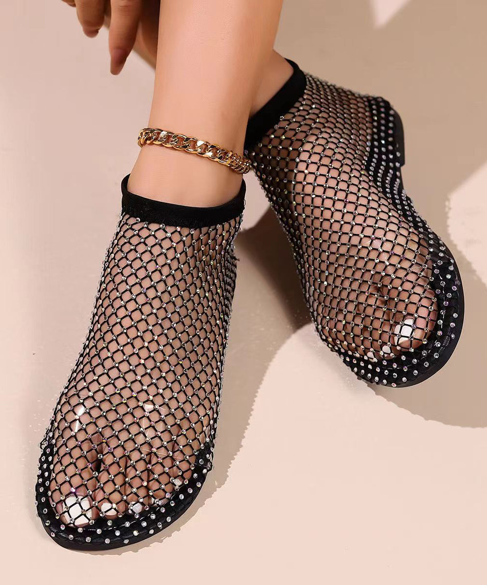 Glimmara™ | Schwarz Hollow Out Zirkon Flache Sandalen Atmungsaktiv Mesh 2025 Neu