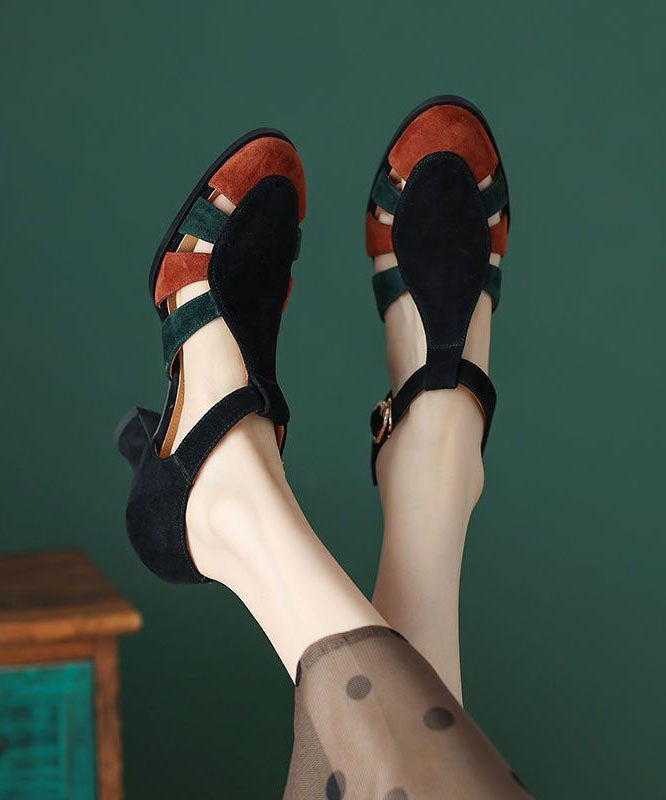 Strapure™ | Schwarze Sandalen mit klobigem Absatz aus Wildleder Elegante Spleißung Schnallenriemen
