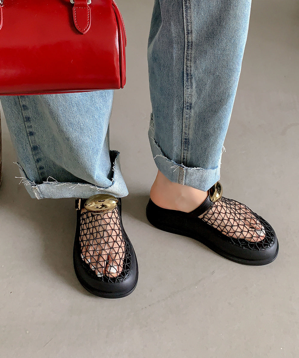 Meshique™ | Chic Schwarz Hollow Out Atmungsaktiv Mesh Plattform Slide Sandalen