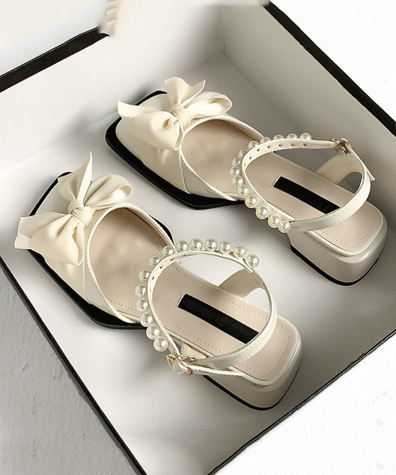 Khakessa™ | Mode Nagel Perle Schleife Spleißen klobige Sandalen Khaki Kunstleder