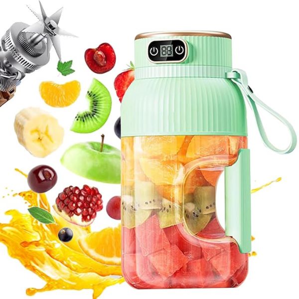 PortaBlend tragbarer Mixer in Mintgrün mit digitaler Anzeige, gefüllt mit frischen Früchten wie Wassermelone, Kiwi und Orange, leistungsstarkes Edelstahlmesser