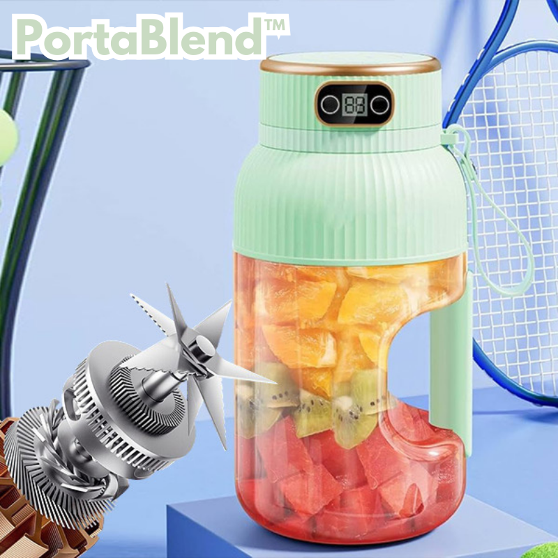 PortaBlend tragbarer Mixer in Mintgrün mit digitaler Anzeige, gefüllt mit frischen Früchten wie Wassermelone, Kiwi und Orange, leistungsstarkes Edelstahlmesser