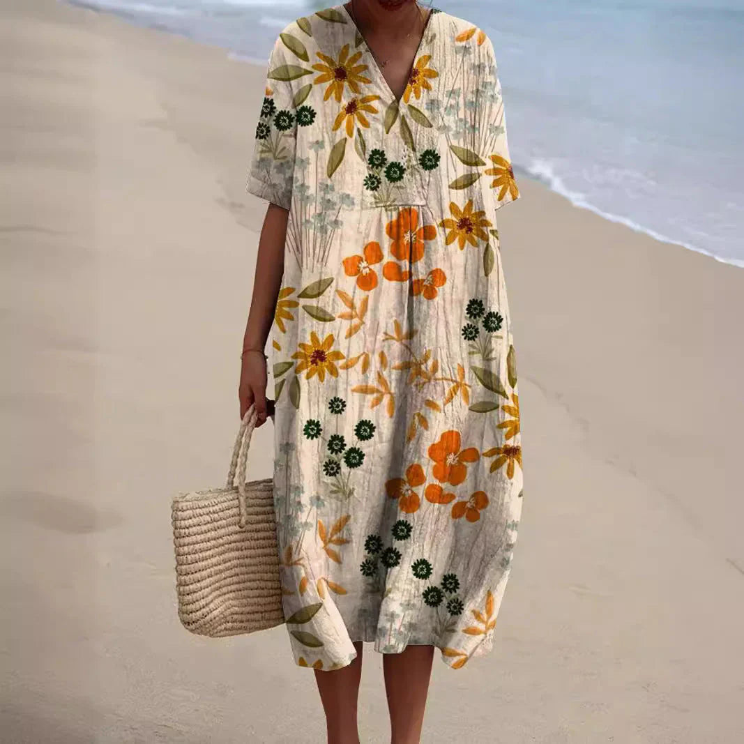 Sommerkleid Damen mit buntem Blumendruck, lockeres Midikleid mit kurzen Ärmeln und V-Ausschnitt, Strandkleid für Urlaub und Freizeit