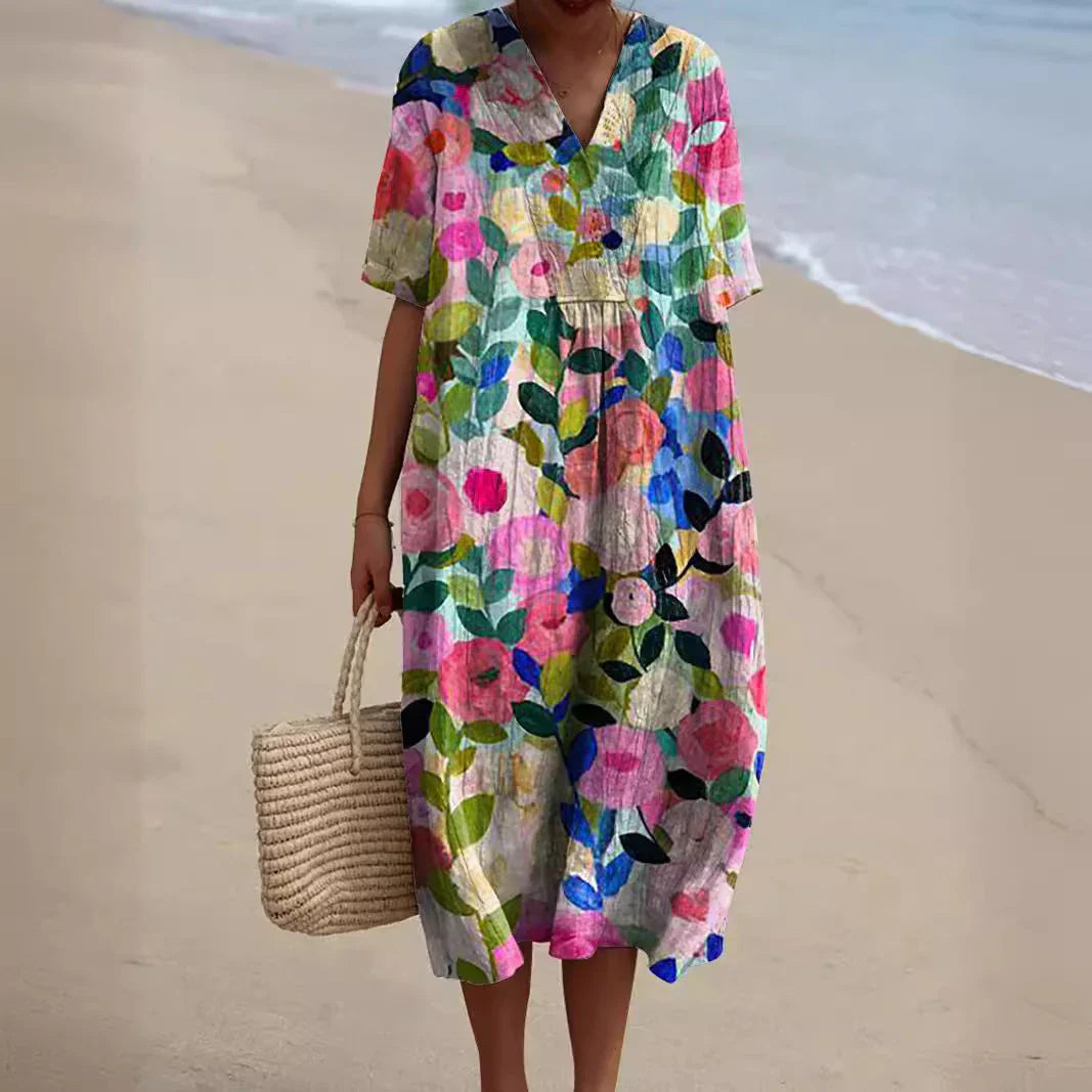 Sommerkleid Damen mit buntem Blumendruck, lockeres Midikleid mit kurzen Ärmeln und V-Ausschnitt, Strandkleid für Urlaub und Freizeit