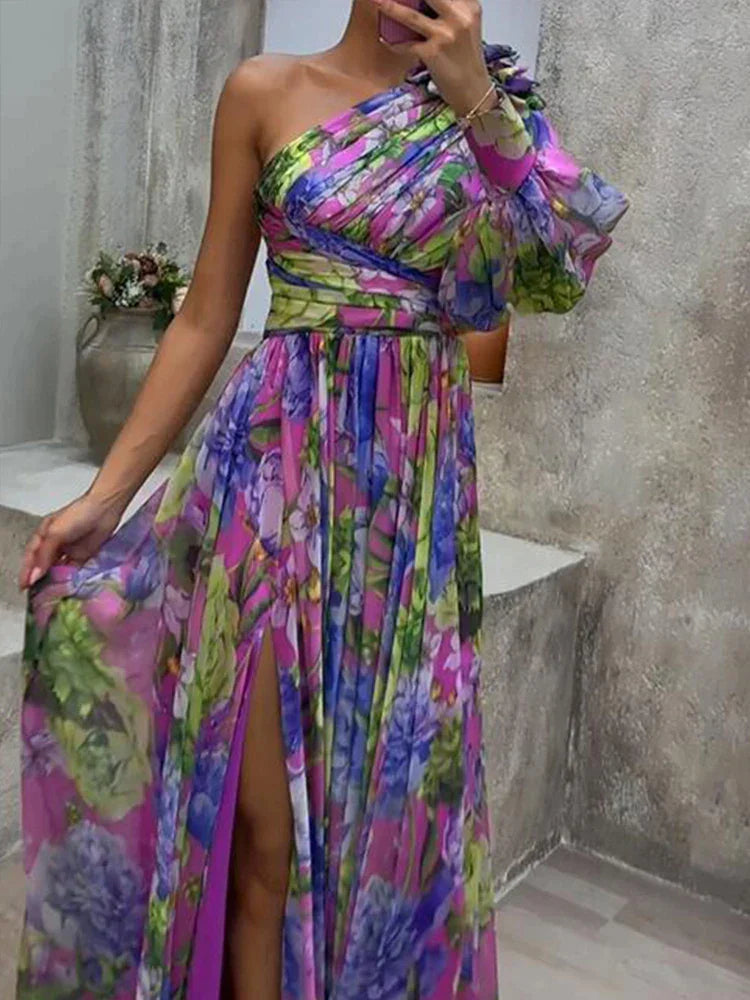 Lilac - Lila Druck Seite Schlitz ein Ärmel Sexy Maxikleid