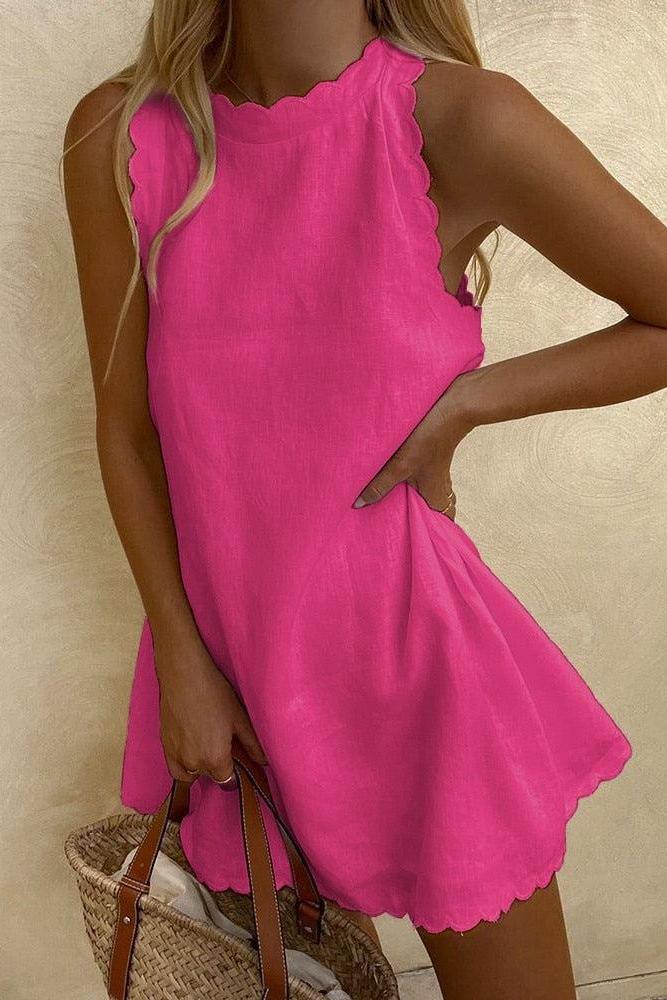 Sommer Minikleid Damen in Hellblau, ärmelloses A-Linien Kleid mit Muschelkanten, elegantes Strandkleid für Urlaub, Freizeit und heiße Tage