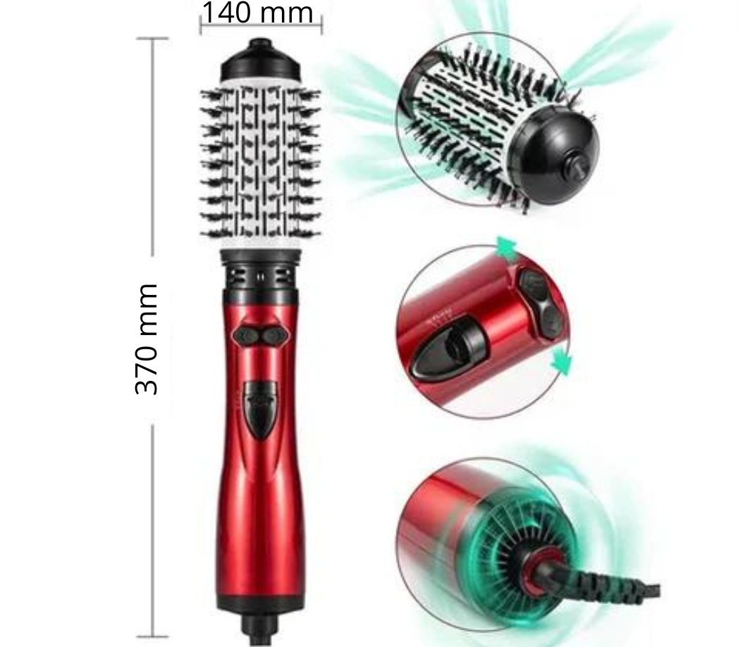 Elektrische rotierende Warmluftbürste in Rot mit austauschbarem Aufsatz – Stylinggerät für voluminöse Locken und glattes Haar